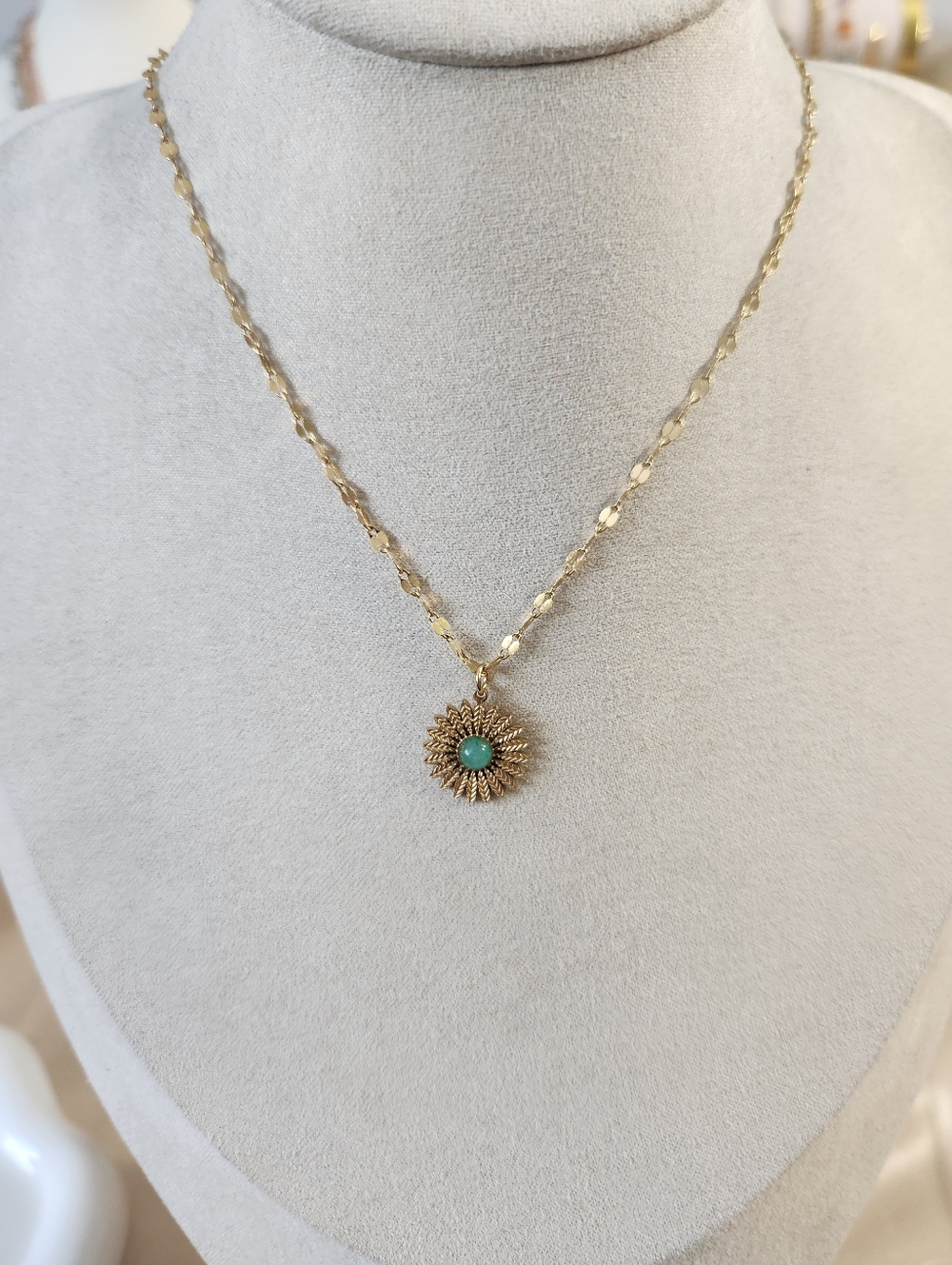 Gold Sunburst Pendant Necklace with Amazonite  Center